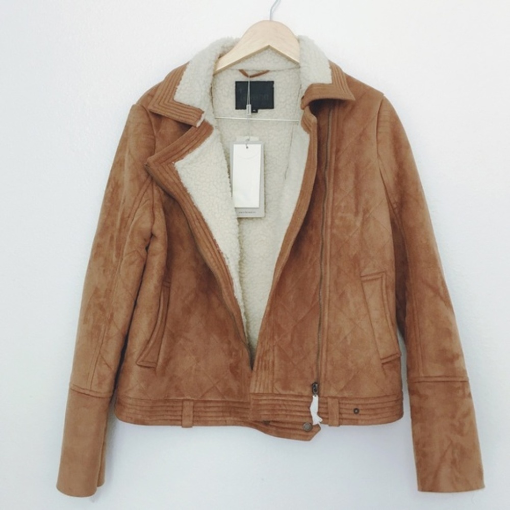 Camel faux suede Sherpa-lined moto jacket